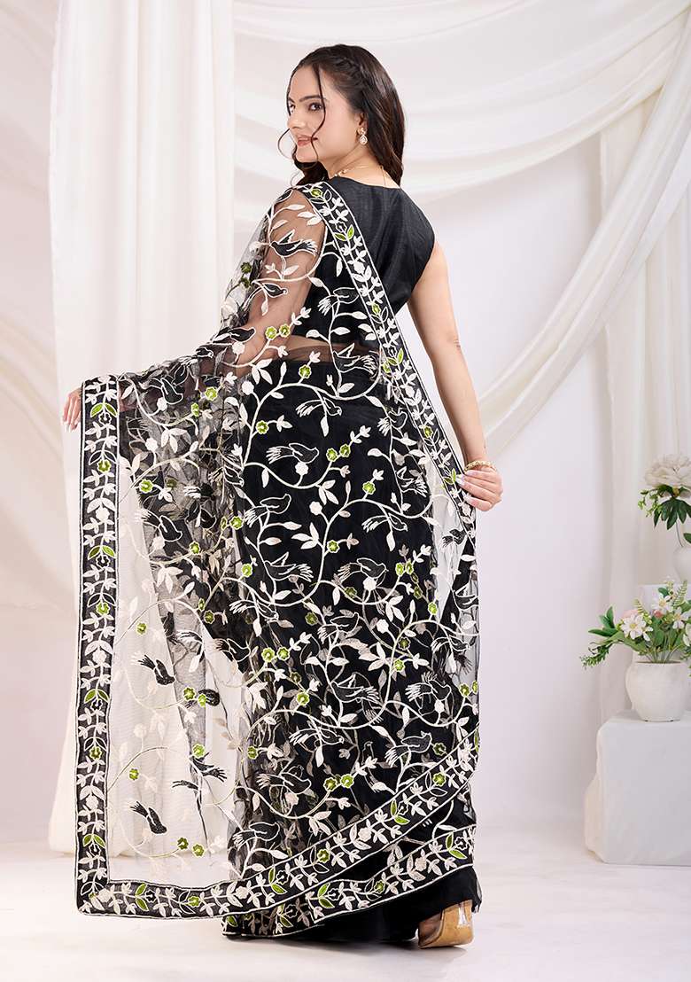 Black Net Saree Set with Embroidered for Diwali | Wedding & Festive Wear - Indya