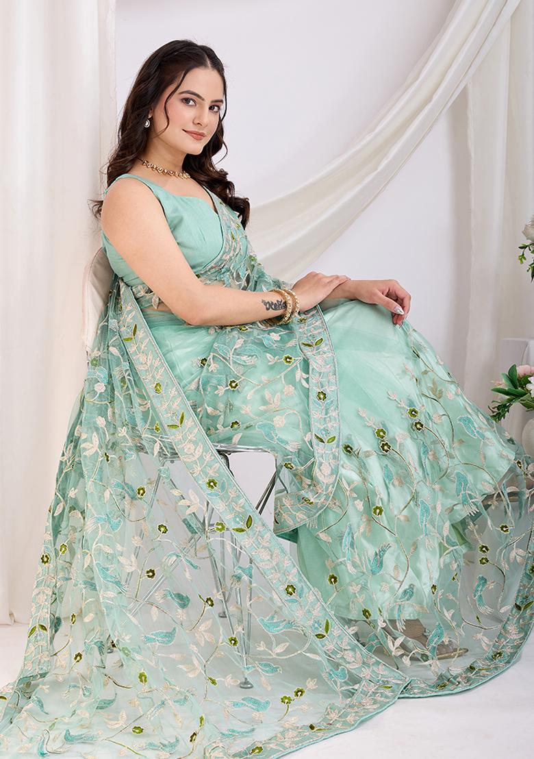 Sea Green Embroidered Net Saree Set