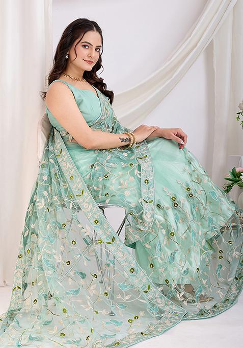 Sea Green Embroidered Net Saree Set