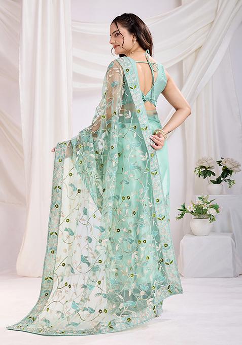 Sea Green Embroidered Net Saree Set