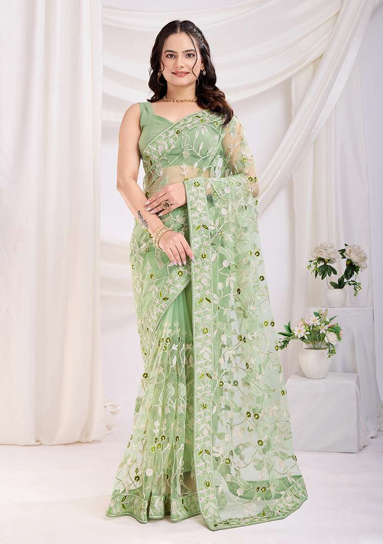 Green Net Saree Set with Embroidered for Diwali | Wedding & Festive Wear - Indya