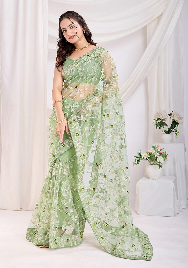 Green Embroidered Net Saree Set