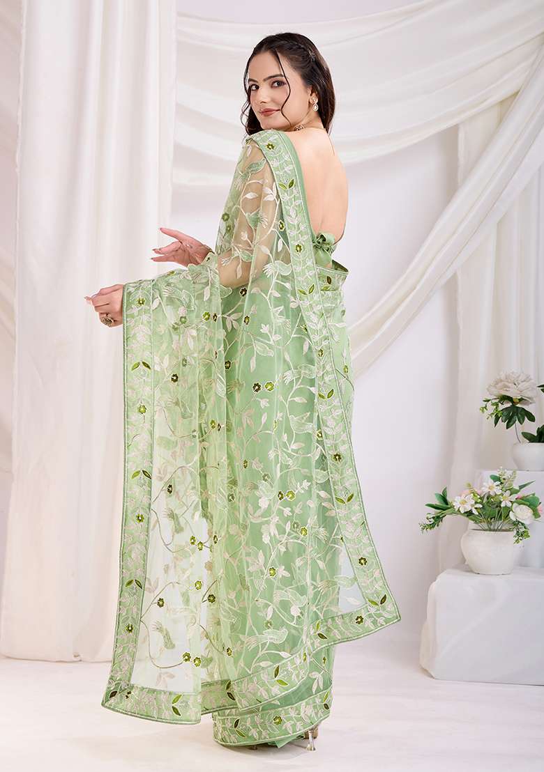 Green Net Saree Set with Embroidered for Diwali | Wedding & Festive Wear - Indya