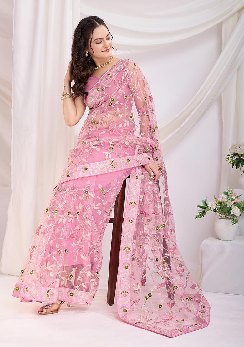 Pink Embroidered Net Saree Set