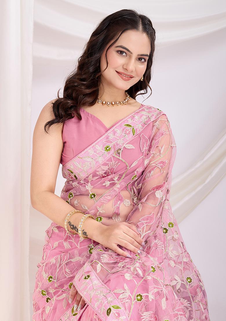 Pink Embroidered Net Saree Set