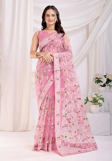 Pink Embroidered Net Saree Set