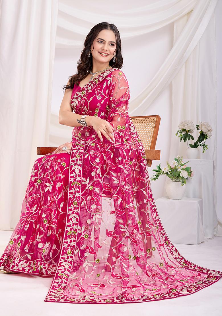 Dark Pink Embroidered Net Saree Set