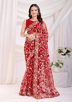 Maroon Embroidered Net Saree Set