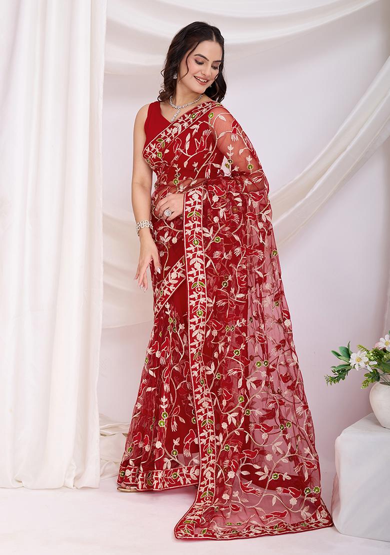 Maroon Embroidered Net Saree Set