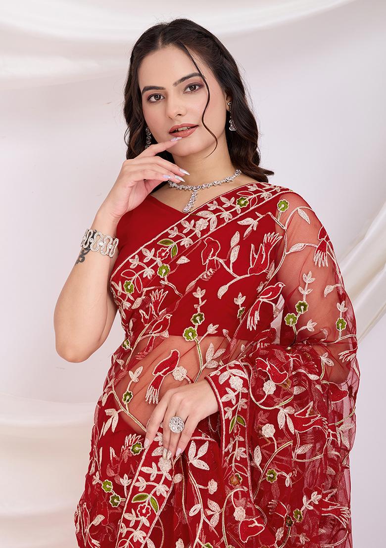 Maroon Embroidered Net Saree Set