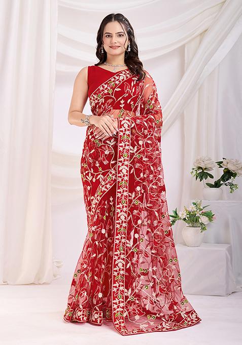 Maroon Embroidered Net Saree Set