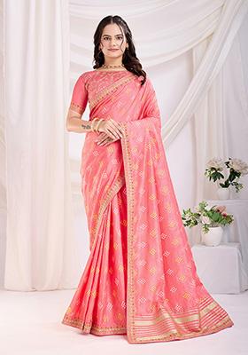 Pink Bandhani Art Silk Saree Set