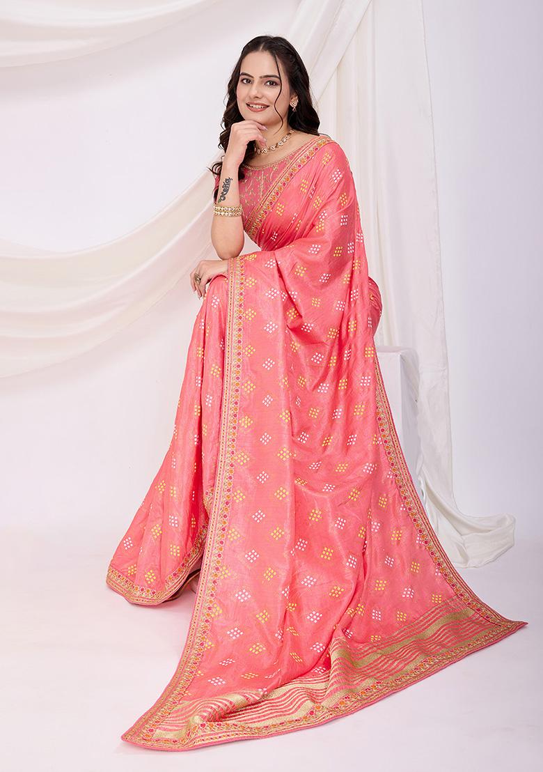 Pink Bandhani Art Silk Saree Set