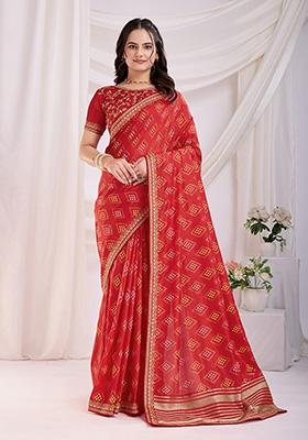 Red Bandhani Art Silk Saree Set