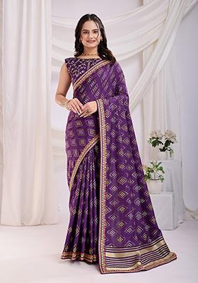 Violet Bandhani Art Silk Saree Set