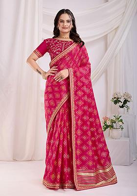 Pink Bandhani Art Silk Saree Set