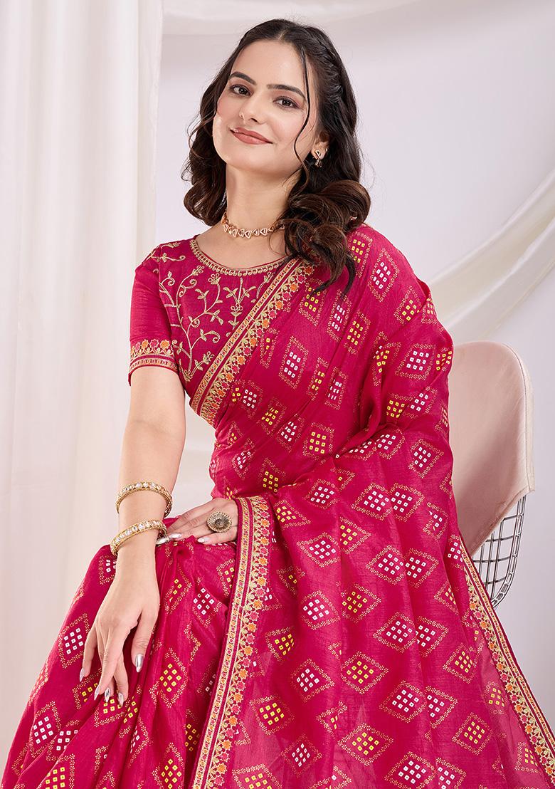 Pink Bandhani Art Silk Saree Set