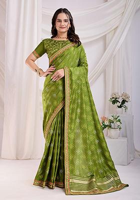 Green Bandhani Art Silk Saree Set