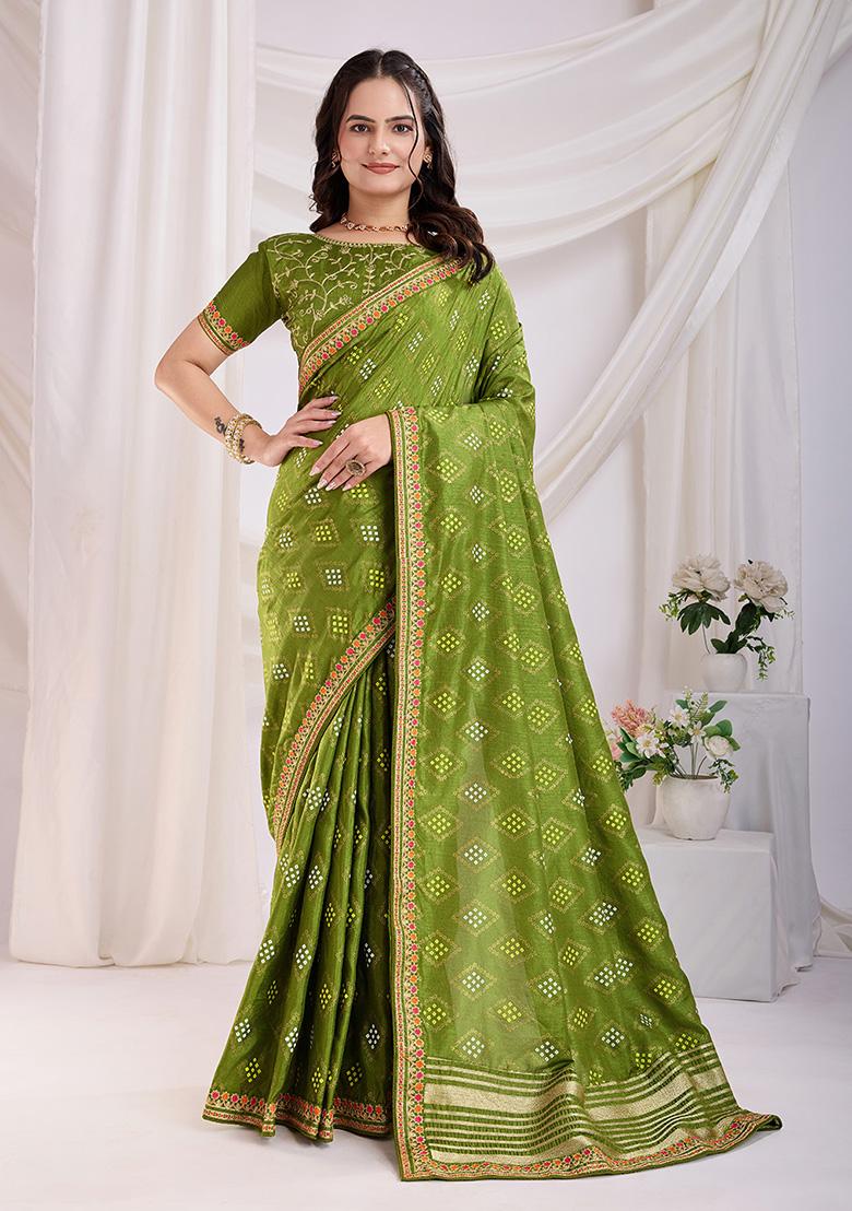 Green Bandhani Art Silk Saree Set
