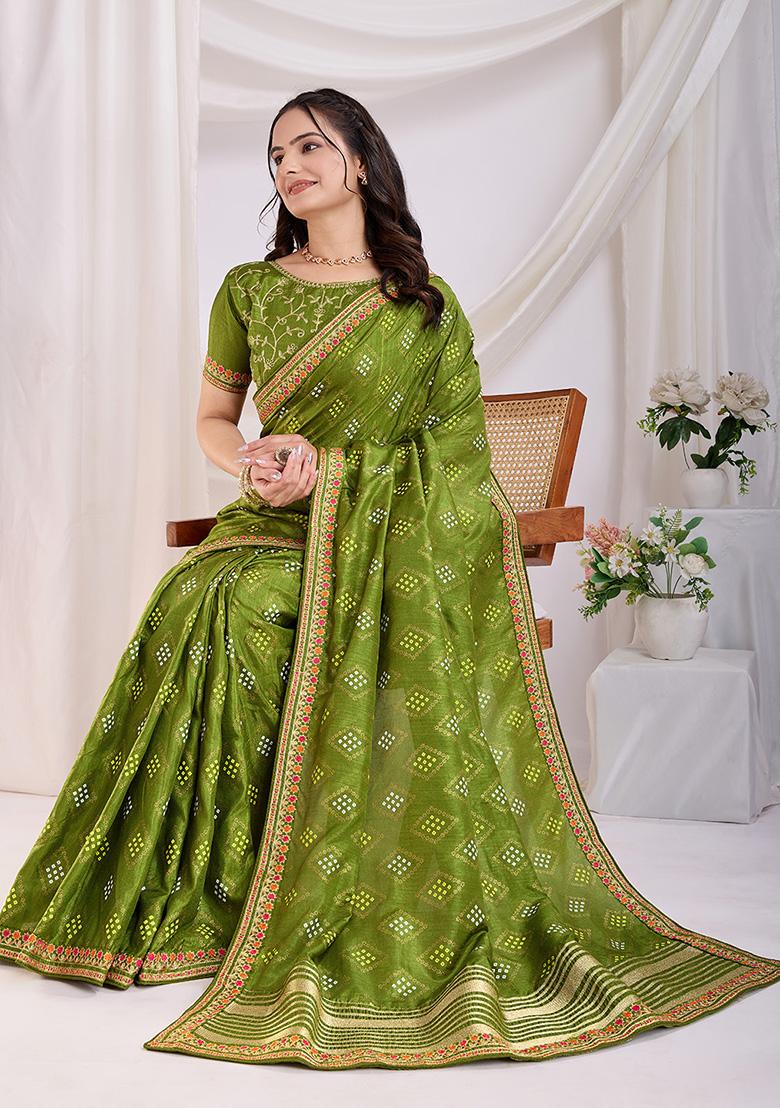 Green Bandhani Art Silk Saree Set