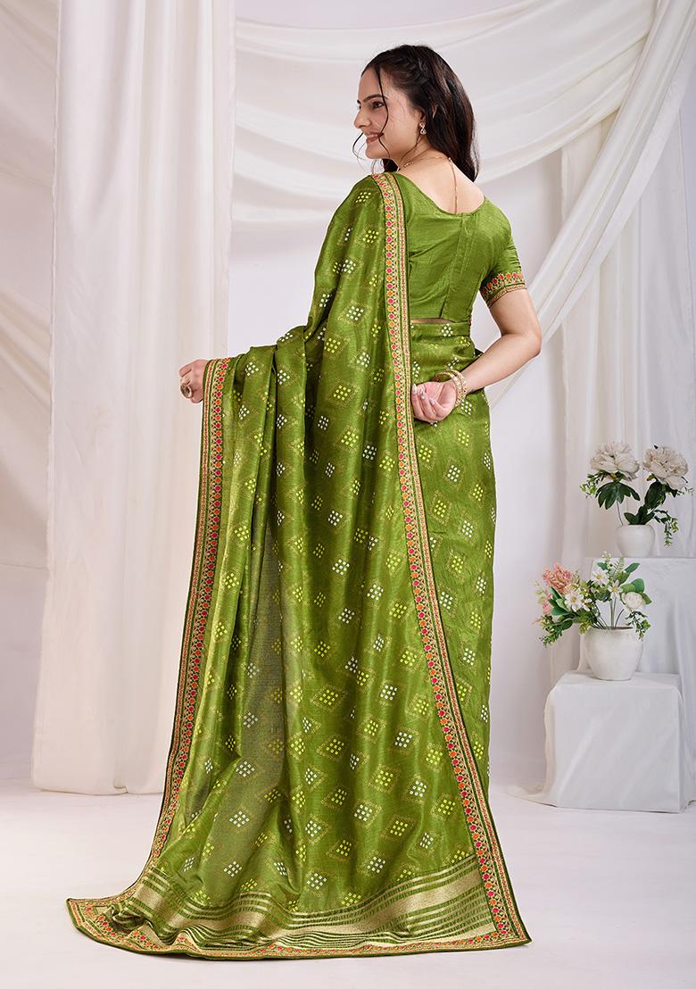 Green Bandhani Art Silk Saree Set