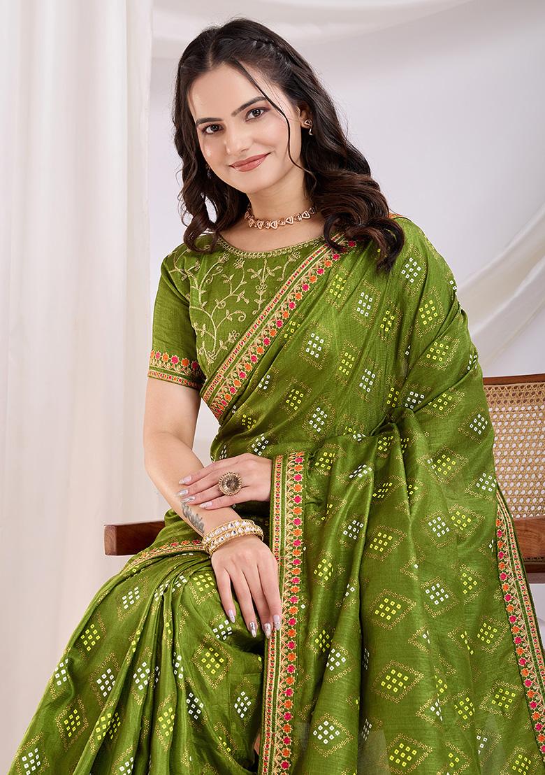 Green Bandhani Art Silk Saree Set