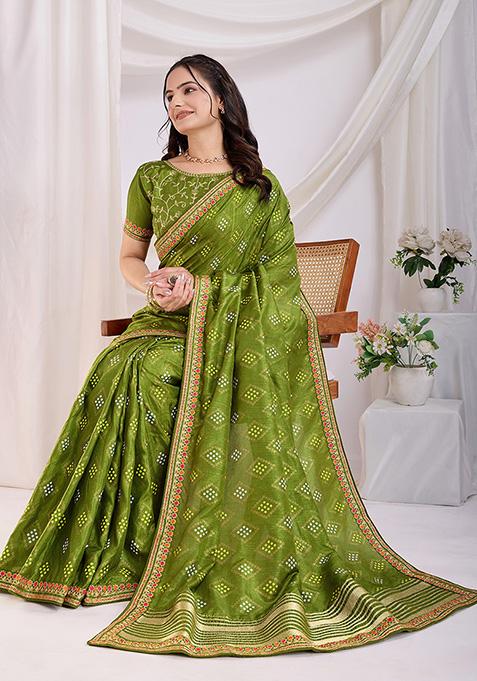 Green Bandhani Art Silk Saree Set