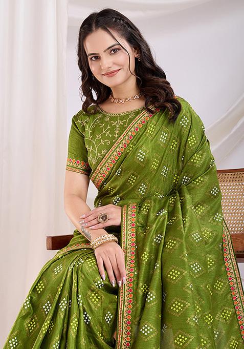 Green Bandhani Art Silk Saree Set