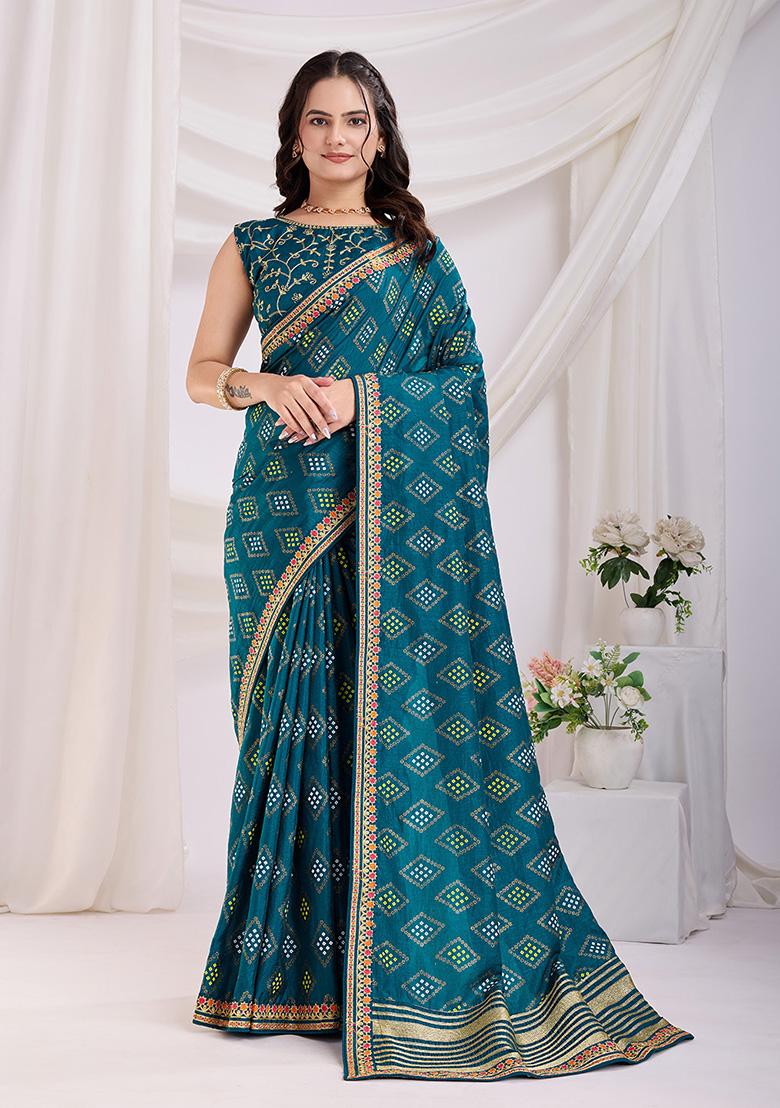 Teal Bandhani Art Silk Saree Set