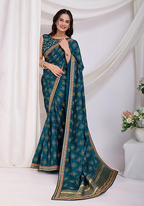 Teal Bandhani Art Silk Saree Set