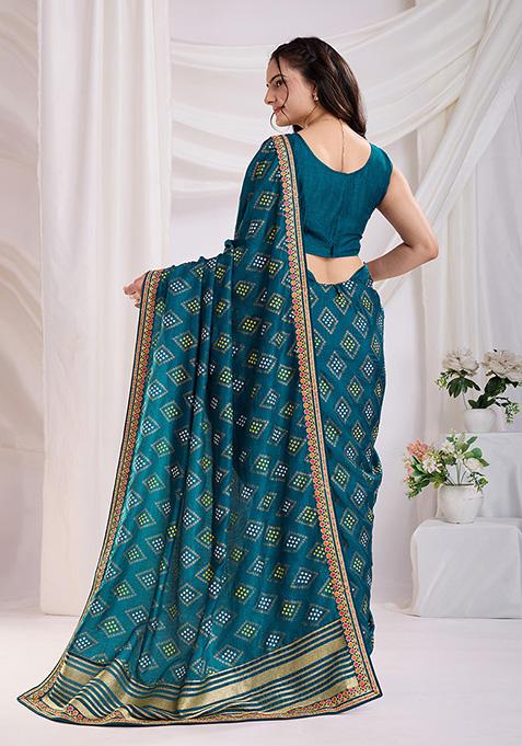 Teal Bandhani Art Silk Saree Set