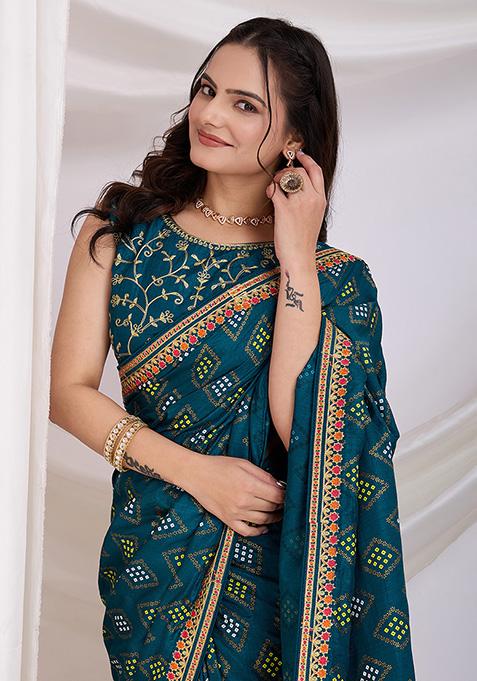 Teal Bandhani Art Silk Saree Set