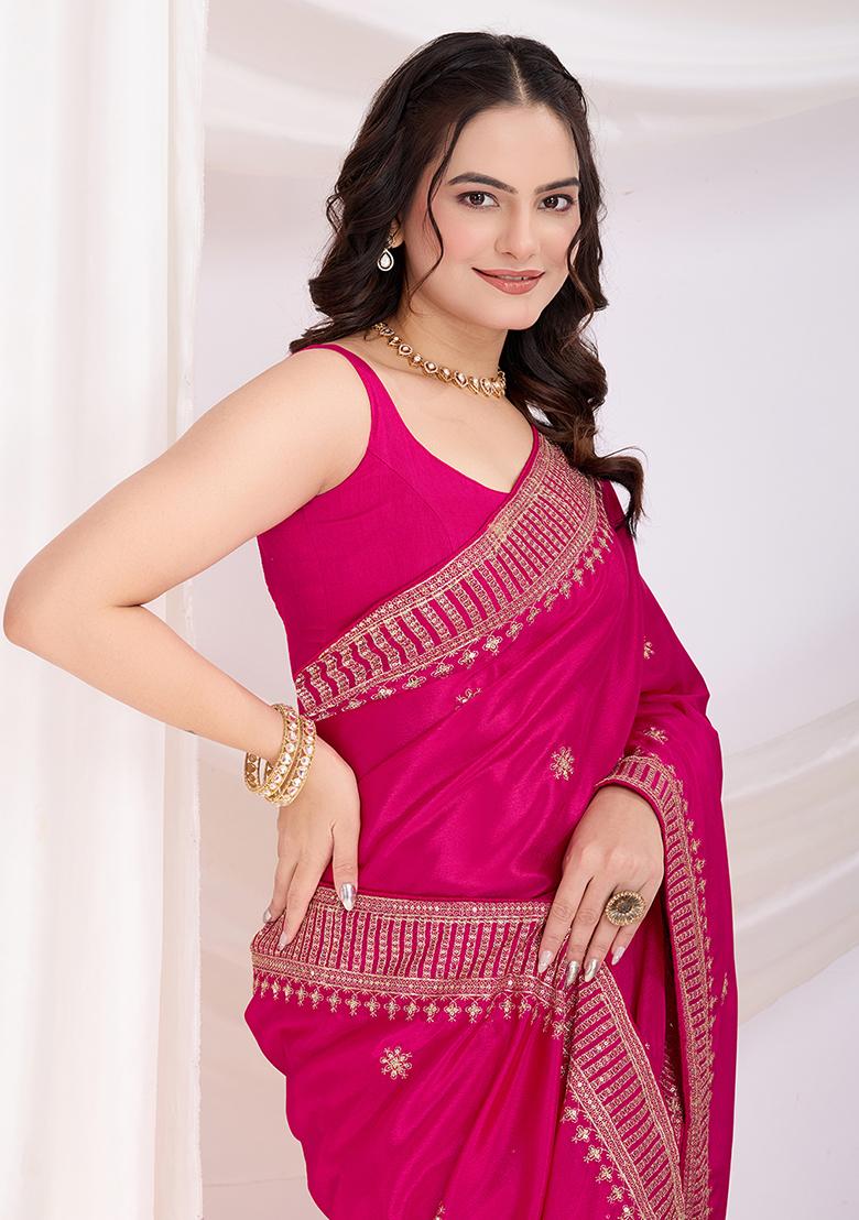 Pink Zari Work Art Silk Saree Set