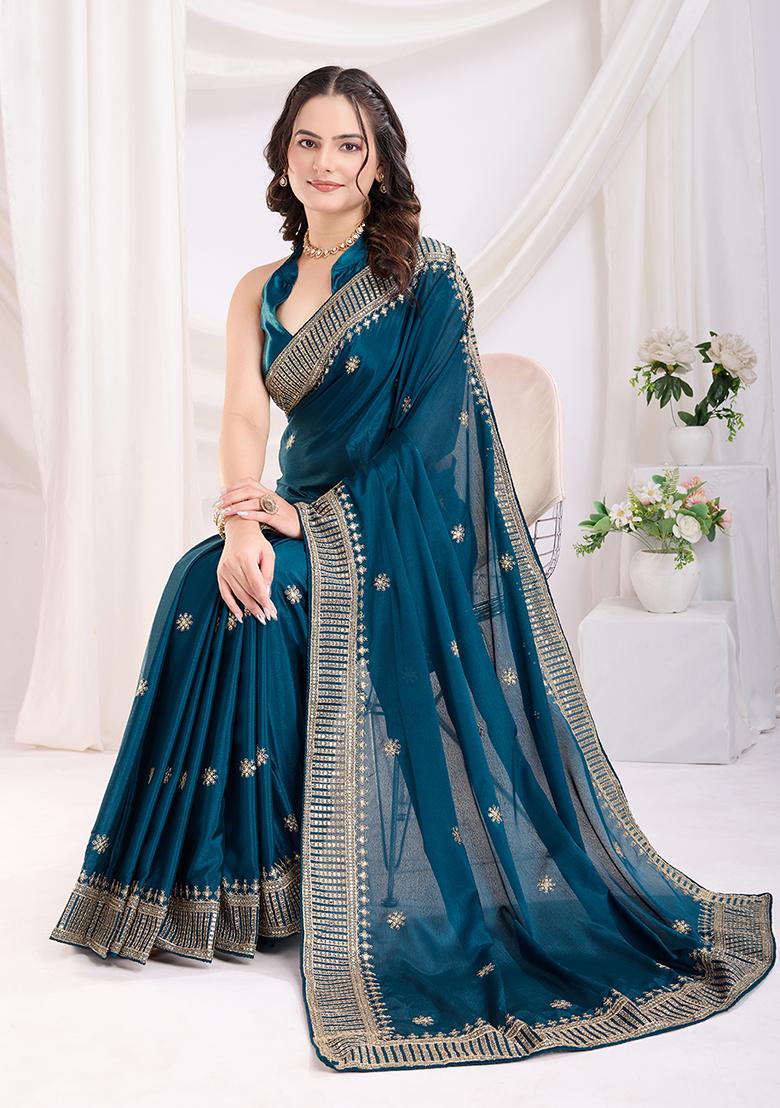 Teal Zari Work Art Silk Saree Set