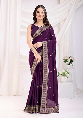 Violet Zari Work Art Silk Saree Set