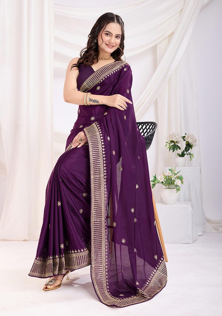 Violet Zari Work Art Silk Saree Set