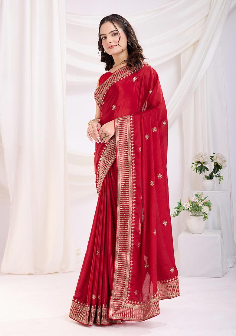 Red Zari Work Art Silk Saree Set