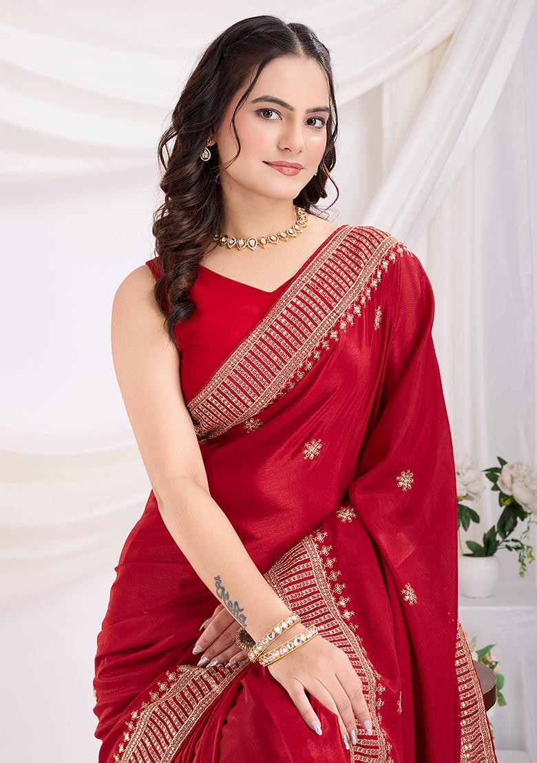 Red Zari Work Art Silk Saree Set