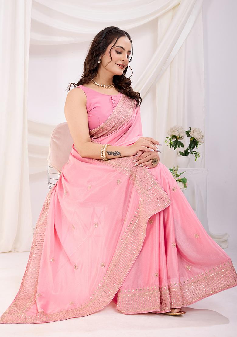 Pink Zari Work Art Silk Saree Set
