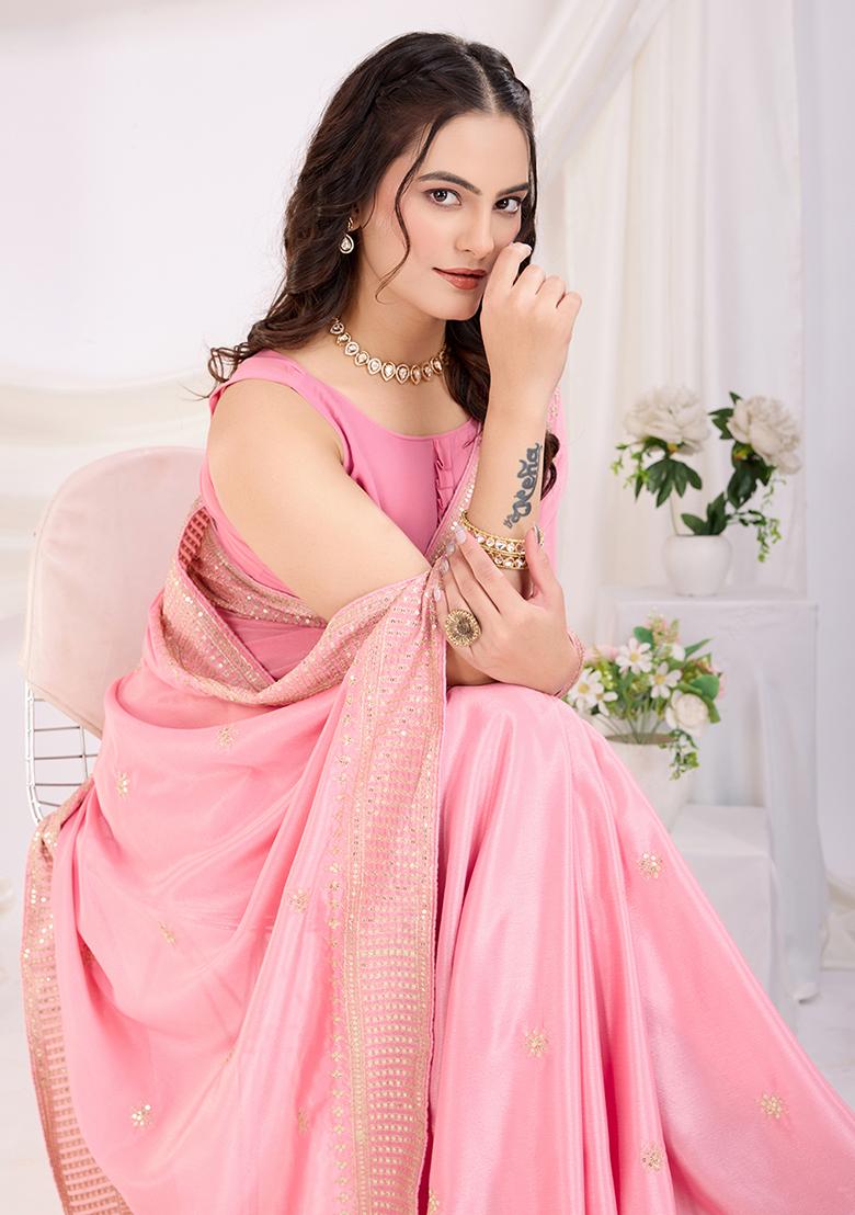 Pink Zari Work Art Silk Saree Set