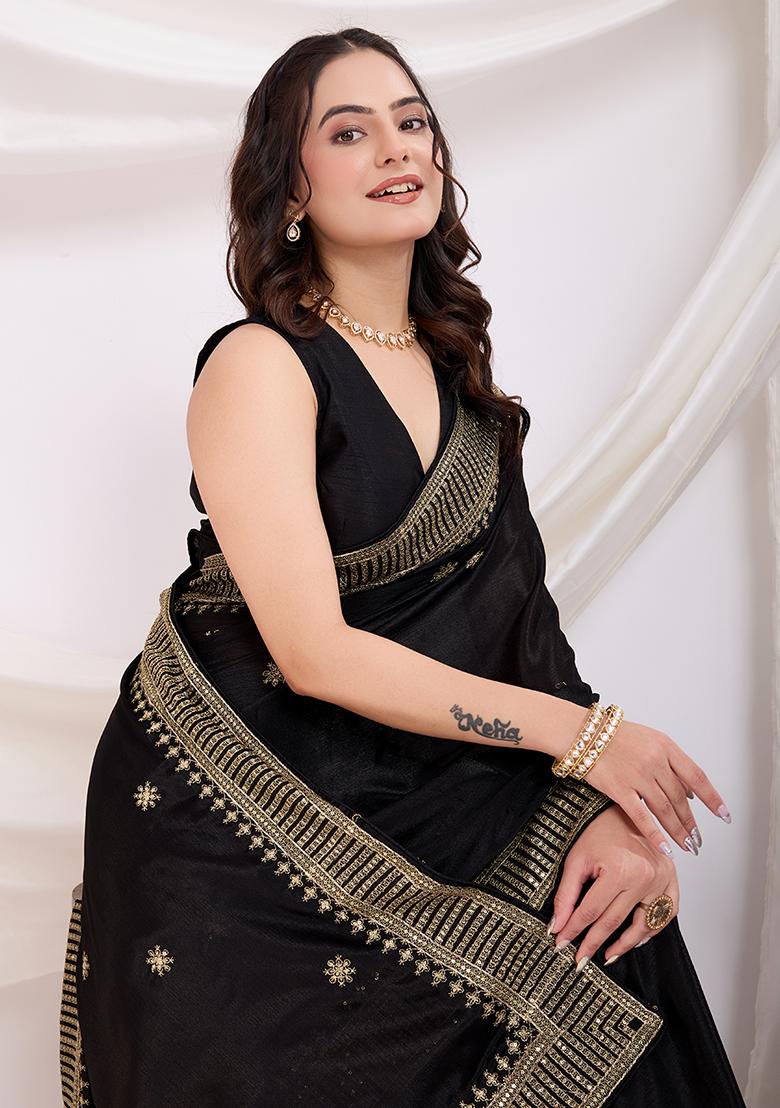 Black Zari Work Art Silk Saree Set