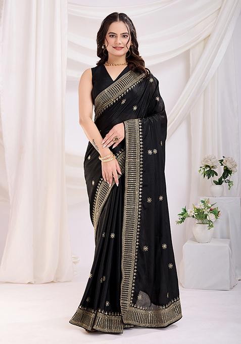 Black Zari Work Art Silk Saree Set
