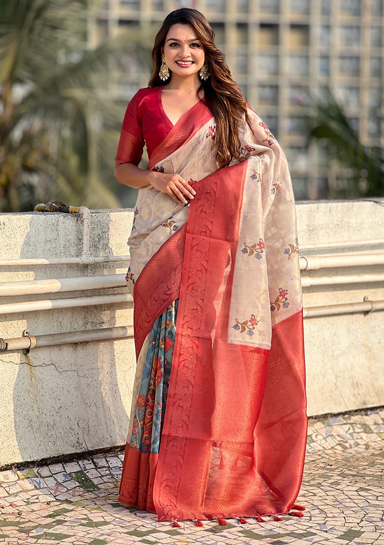 Maroon Abstract Print Cotton Saree Set