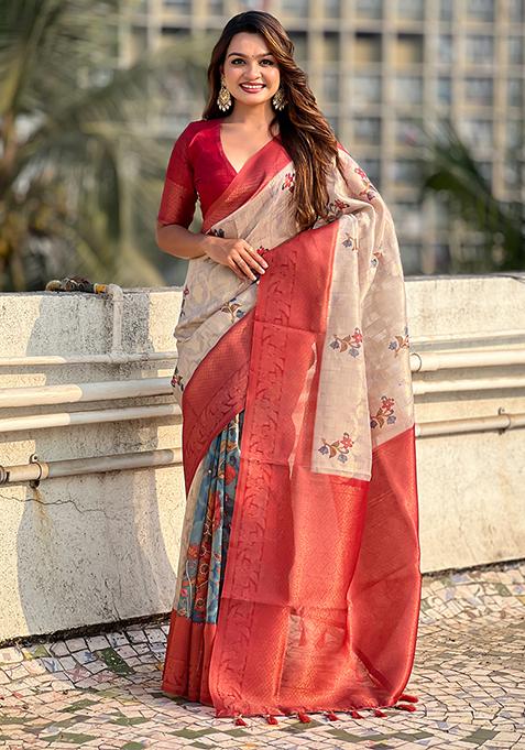 Maroon Abstract Print Cotton Saree Set