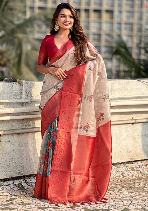 Maroon Abstract Print Cotton Saree Set