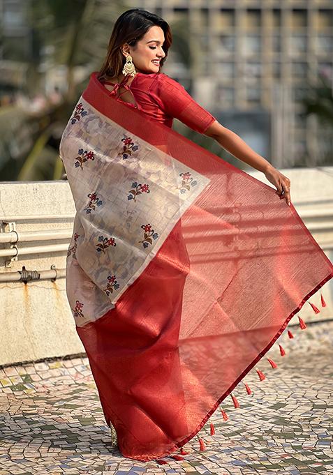 Maroon Abstract Print Cotton Saree Set