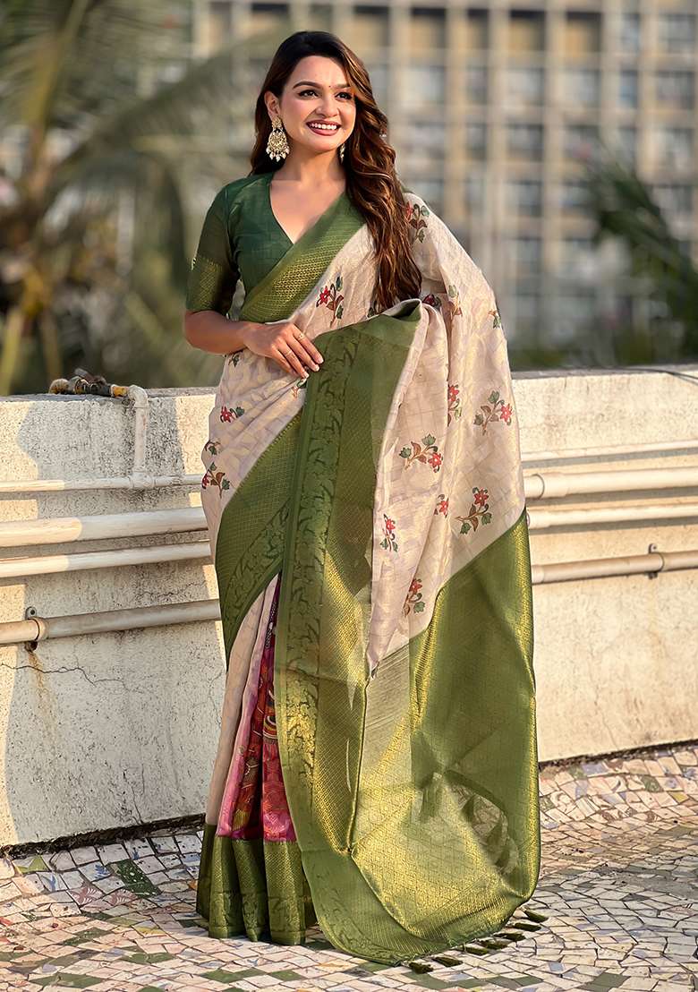 Green Abstract Print Cotton Saree Set - Indya