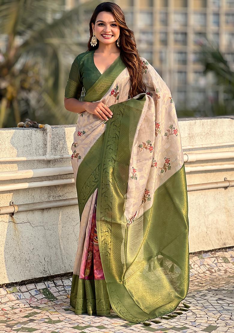 Green Abstract Print Cotton Saree Set