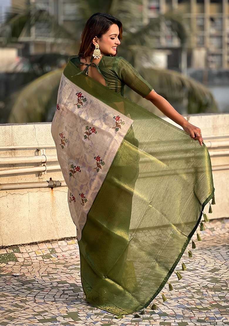 Green Abstract Print Cotton Saree Set - Indya