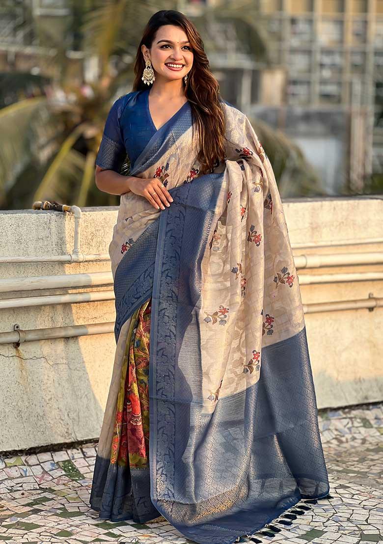 Blue Abstract Print Cotton Saree Set